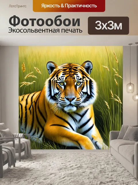 Фотообои амурский тигр, скрывающийся в высоких луговых травях, его яркий шерстяной окрас сливается с природным…