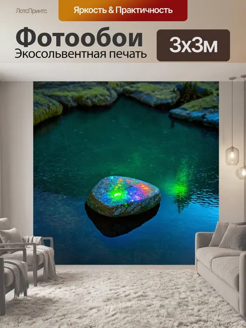 Фотообои камень, где волшебные светящиеся камни лежат на дне прозрачного озера, создавая загадочную атмосферу и…