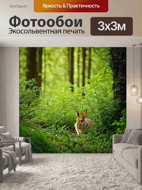 Фотообои лес с мирными сценами, где заяц прячется в кустах