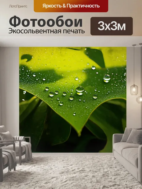 Фотообои в центре композиции — яркая зелёная листва