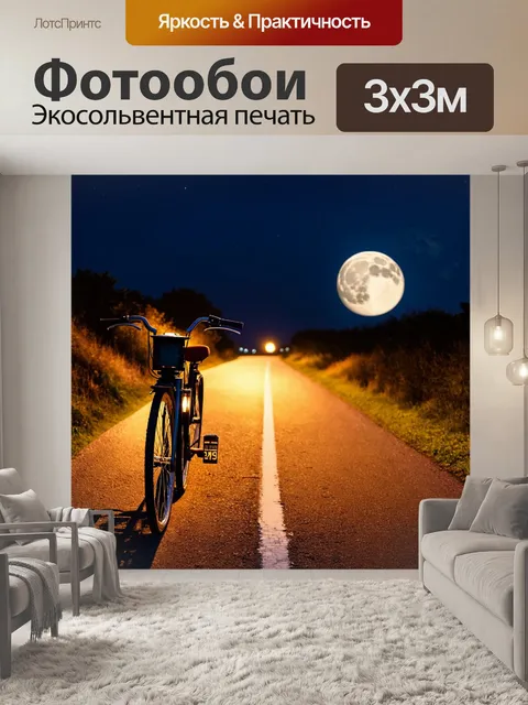 Фотообои велосипед с фонарями, на пустынной дороге при луне, романтика ночного путешествия