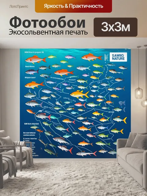 Фотообои природа в стиле инфографический рисунок, показывающие миграцию рыб в океане с маршрутами и видами