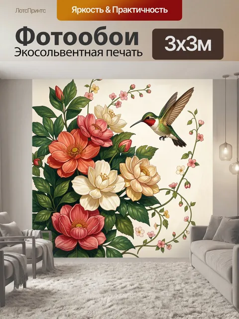 Фотообои Цветущий сад с колибри