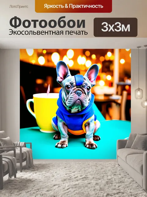 Фотообои синий французский бульдог, одетый в забавный костюм, сидящий на фоне уютного кафе