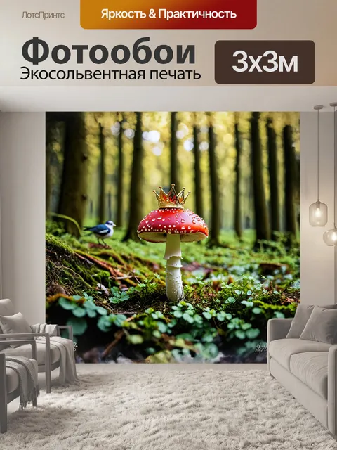 Фотообои мухомор, покрытый венцом из блестящих капель росы, стоит одиноко на краю лесной полянки, окруженной