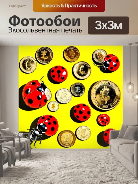 Фотообои коллаж, который объединяет евро-монеты и стилизованные изображения божьих коровок на ярком фоне