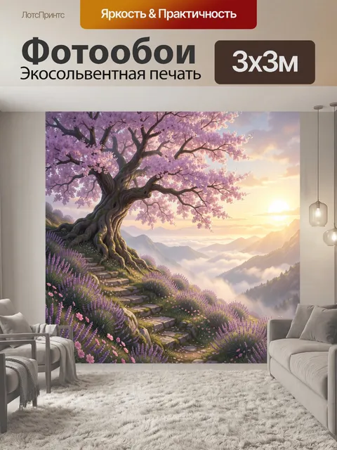 Фотообои Цветущая сакура над горной долиной