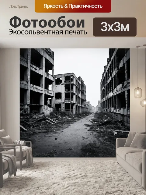 Фотообои черно-белый, показывающие заброшенные здания в городском пейзаже, отражающем забвение и историю