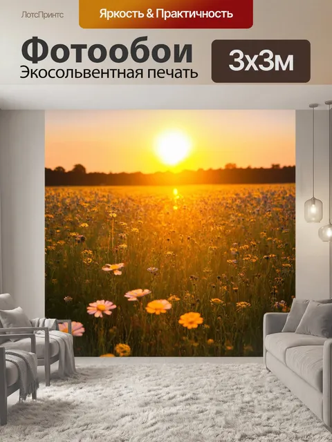 Фотообои закат над полем с цветами, где солнце постепенно уходит за горизонт