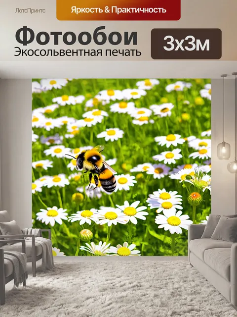 Фотообои поле ромашек и шмелей