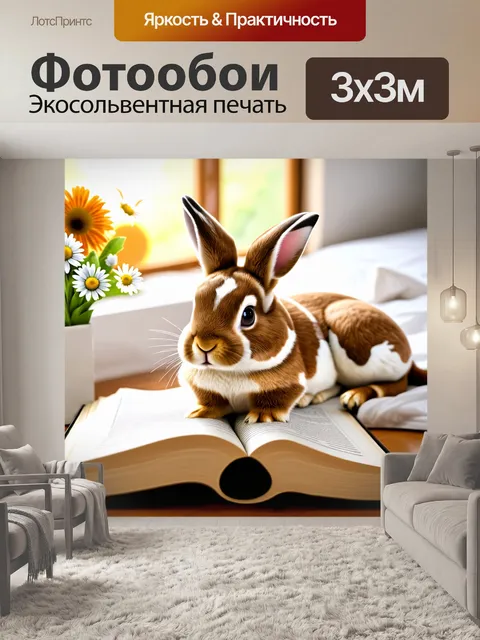 Фотообои Кролик с белыми и коричневыми пятнами лежит на раскрытой книге
