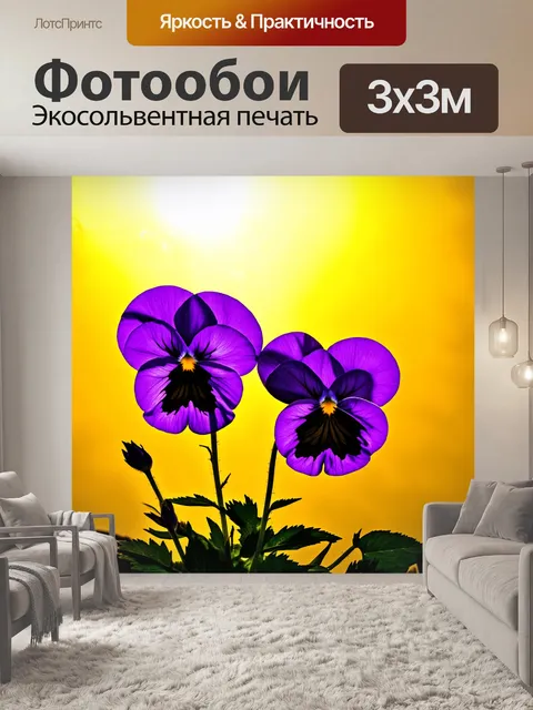 Фотообои углубленный взгляд на фиолетовые анютины глазки, раскрывающие свои лепестки на фоне солнечного желтого неба