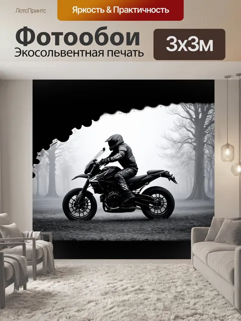 Фотообои мотоциклист, пронзающий туманную равнину на своем черном мотоцикле, окруженном завуалированными силуэтами…
