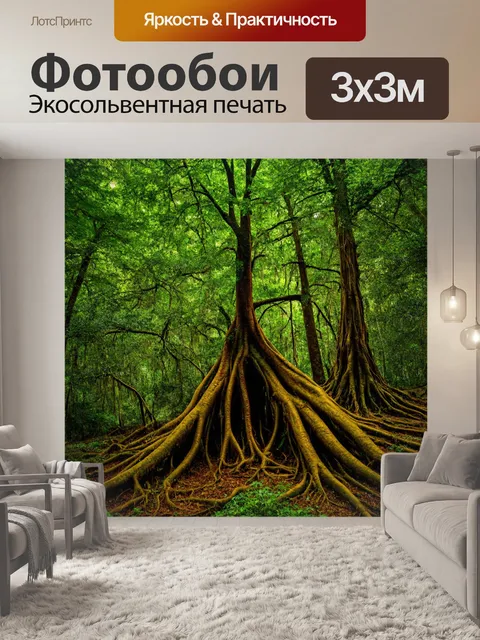 Фотообои древний лес с запутанными корнями и большими деревьями