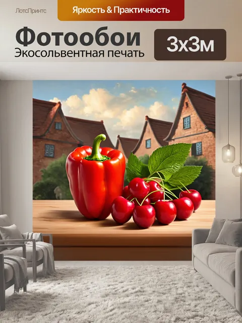 Фотообои овощи: красный перец и вишня, размещенные на фоне, стилизованном под крыши старинных домов