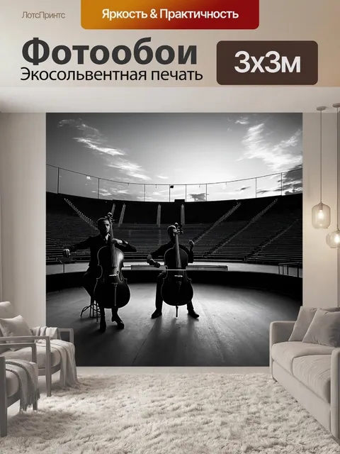 Фотообои виолончелисты, играющие в пустом амфитеатре на фоне закатного неба