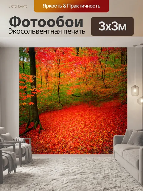 Фотообои осень в лесу с яркими красными и оранжевыми листьями, покрывающими землю