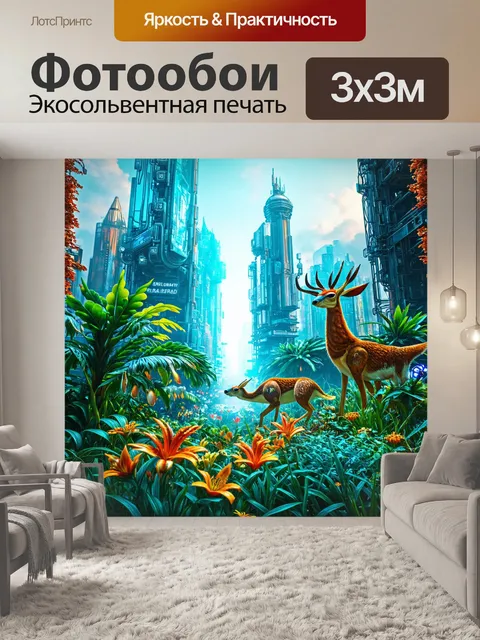 Фотообои город в стиле ретрофутуризм, где фауна и флора сливаются с технологией, создавая симбиоз природы и машин