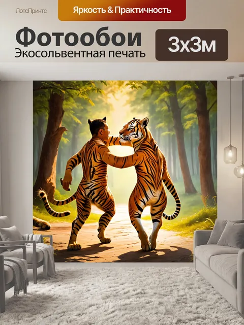 Фотообои тигр, занимающийся парным танцем со своей подругой тигрицей, стиль романтической живописи с глубокими…