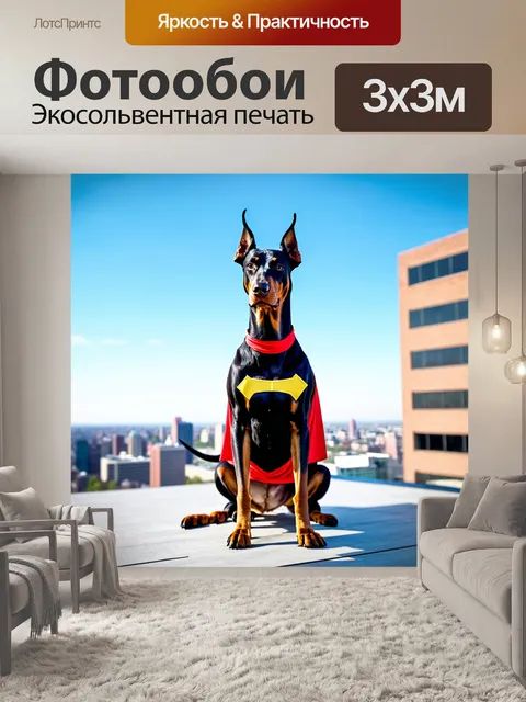 Фотообои доберман в костюме супергероя, позирующий на крыше здания с панорамным видом на город, яркое небо на фоне