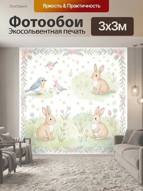 Фотообои Кролики и птички в весеннем саду