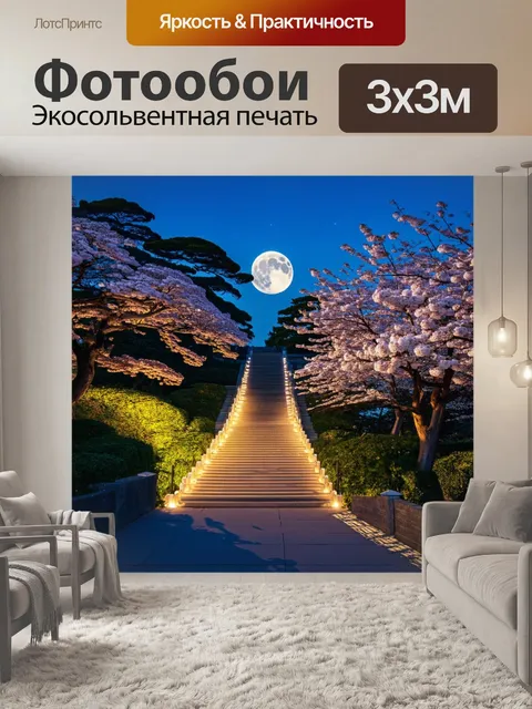 Фотообои япония: вечернее освещение в парк с лестничками и цветущими деревьями