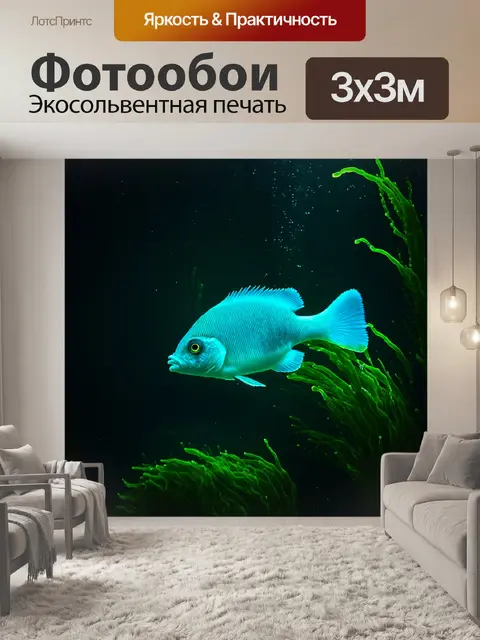 Фотообои ночная подводная сцена, где хариусы светятся в темноте, окруженные мистическими водорослями и темными тенями