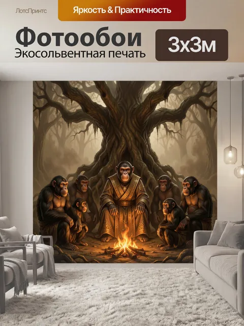 Фотообои Шимпанзе у костра в лесу