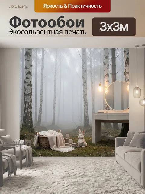 Фотообои Туманный лес с белыми берёзами