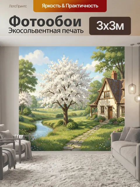Фотообои Весенний деревенский домик у ручья
