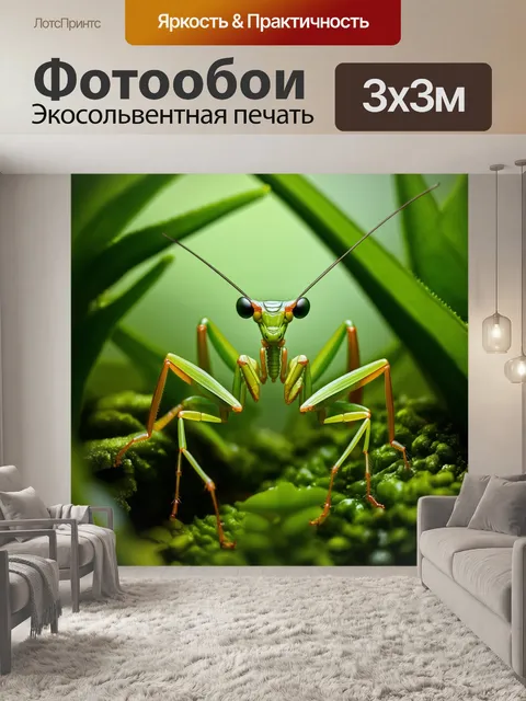 Фотообои изображение крупного плана богомола с детализированными сегментами его тела, окруженного зелеными растениями