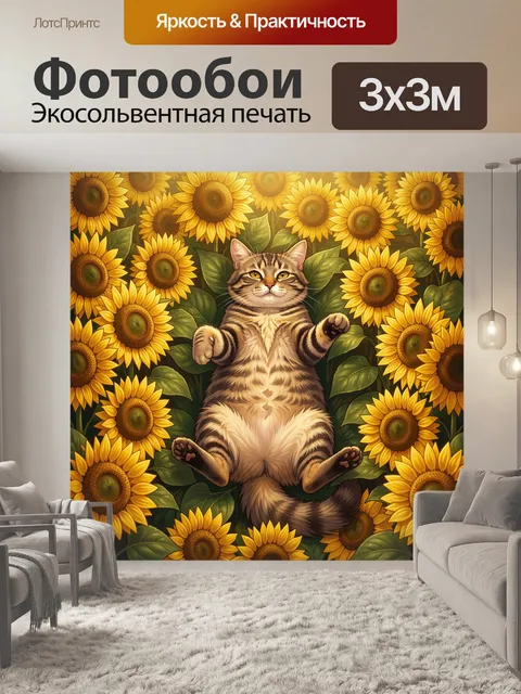 Фотообои Кот среди подсолнухов