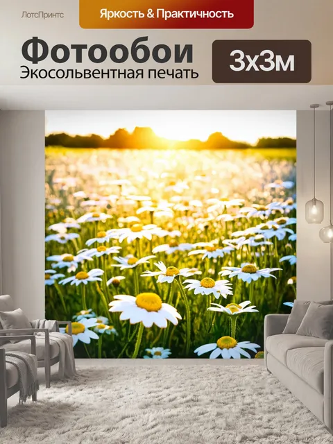 Фотообои поле ромашек, освещенное мягким светом заката, с яркими цветами, тонким ароматом весны и легким ветерком