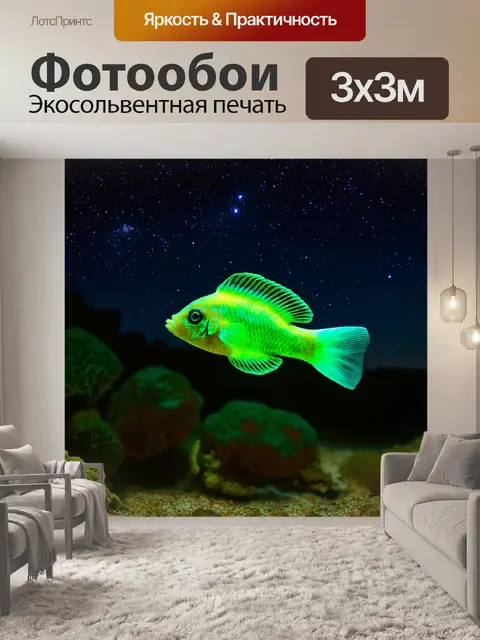 Фотообои ночная сцена с фосфоресцирующими рыбами, плавающими в течение теплого вечера под звёздным небом