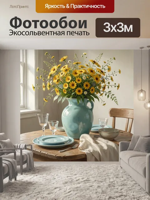 Фотообои Жёлтые цветы в голубой вазе