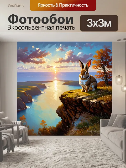 Фотообои пейзаж с кроликом, сидящим на обрыве скалы, смотрящим на бескрайний горизонт