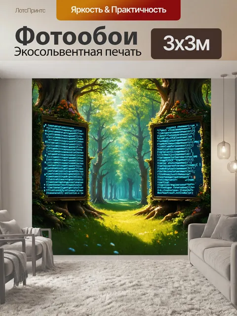 Фотообои магический лес, где тройные деревья имеют встроенные экраны, показывающие программный код, образующий…