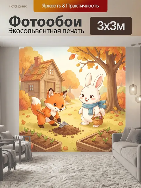 Фотообои Лисенок и зайчик в саду