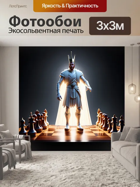 Фотообои величественный белый король, освещенный ярким светом, стоит на шахматной доске, сделанной из темного дерева