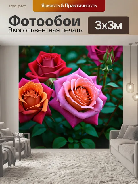 Фотообои розы в стиле тонализм, асимметричная композиция с акцентом на розы в разных стадиях распускания