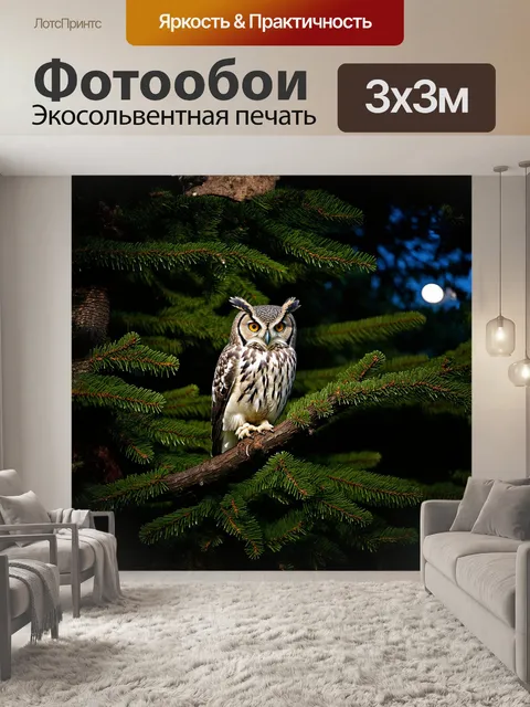 Фотообои густая, зелёная хвоя больших сосен окутывает ночной лес, где на крупном ветвистом филиале крепко устроилась…