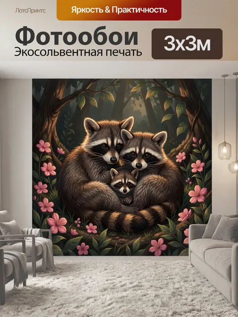 Фотообои Три енота среди лесных цветов
