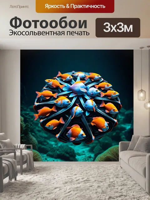 Фотообои объект в виде машины с рыбами, которые являются центральными элементами в её конструкции