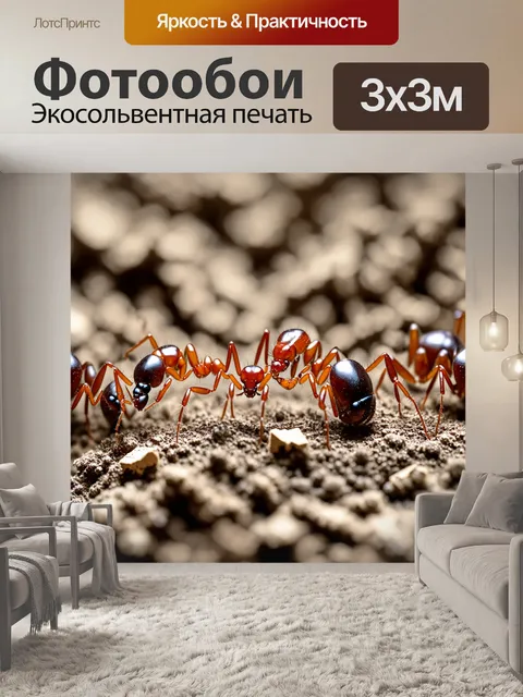 Фотообои муравей, работающий в команде с другими муравьями, строит свой муравейник, перетаскивая кусочки земли и…