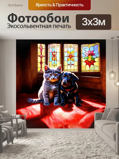 Фотообои серый котенок и черный щенок уютно устроились на красном пледе в углу старинной комнаты