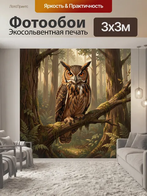 Фотообои Филин на ветке в лесу