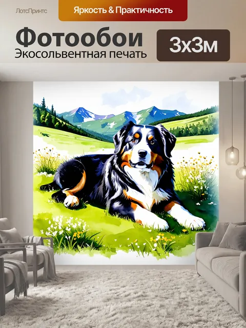 Фотообои бернский зенненхунд, уютно лежащий на зеленом лугу, окруженный цветами дикой природы, на фоне горного пейзажа