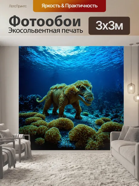 Фотообои в глубинах океана, заполненных яркими водорослями и причудливыми кораллами, скользит саблезубый уличный, его…