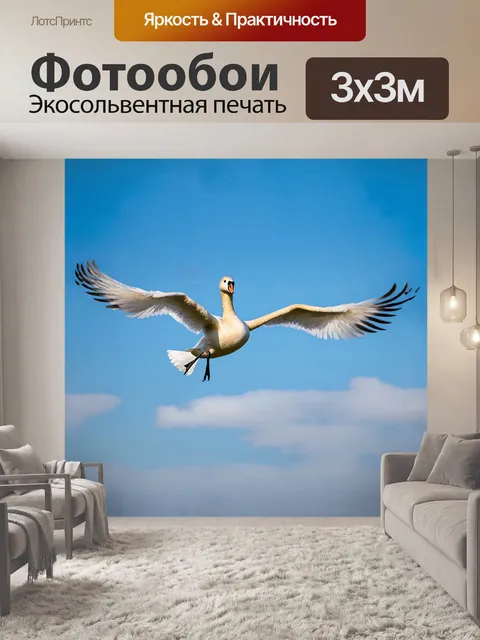 Фотообои птица, лебедь в полете, раскинув крылья и вытянув шею, на фоне чистого голубого неба с легкими, перистыми…