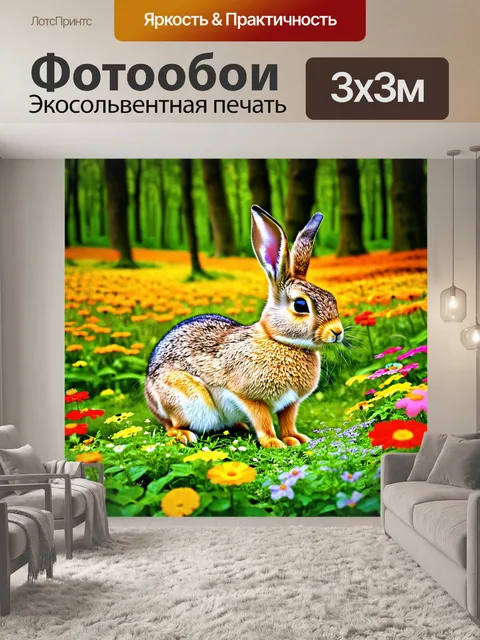 Фотообои заяц в волшебном лесу, окруженный яркими цветами